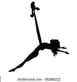 Wonam doing aerial yoga. Silhouettes of fly yoga positions on white background. Anti-gravity yoga figures isolated. Pose for relaxation and meditation. Shape of girl practicing stretching in hammock