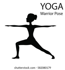 Wonam doing yoga. Silhouettes of yoga positions on white background. Stretching  figures isolated. Pose for relaxation and meditation. Shapes of slime girl practicing warrior pose