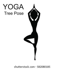 Wonam doing yoga. Silhouettes of yoga positions on white background. Stretching  figures isolated. Pose for relaxation and meditation. Shapes of slime girl practicing tree pose