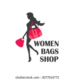 Wonan bags shop Logo Design Template. Girl with bags  icon 