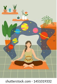 wonan is sitting in a lotus position in the livingroom,meditation,space,self-improvement