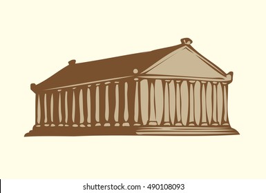 Wonder of Ancient World. Aged Temple of Artemis at Efes isolated on white backdrop. Freehand outline ink hand drawn background sketch in art doodle retro style. Front view with space for text on sky