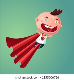 Wonder baby. Super boy. Funny little child in super hero suit. Humor cartoon illustration.