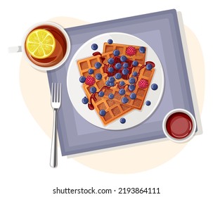 Wonder berlin waffles breakfast and cup of tea with lemon clove. Berry, raspberry jam topping and stuffing bilberry. Serving dish for morning food menu in cafe and dives. Isolated vector