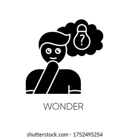 Wonder black glyph icon. Curious facial expression. Inspirational thought. Man with creative thinking. Imagine dilemma. Silhouette symbol on white space. Vector isolated illustration