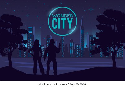 wonder city with buildings and persons cityscape scene vector illustration design