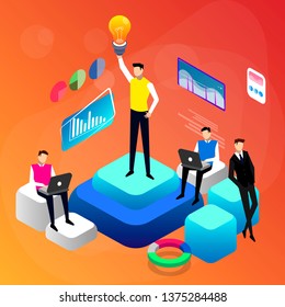 Wonder creative answer, cartoon exclamation, communication. Search for confused idea or problem doubt solution. Clever think. Project for application alert concept with character isometric flat vector