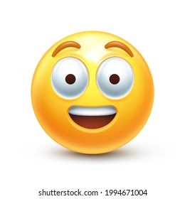 Wonder emoji. Surprised emoticon with big eyes, open smile and raised eyebrows 3D stylized vector icon