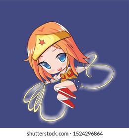 Wonder girl with truth of lasso - Female superhero in classic comics white costume with  cape and tiara. Smiling flat cartoon hero character with super powers. Friendly girl stands confidently. Vector