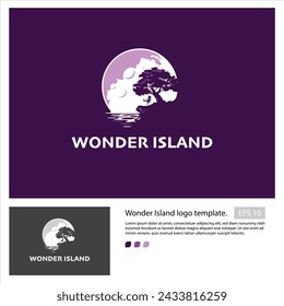 Wonder island logo template with a silhouette of a tree, child, and a land with moon background for your hotel or resort logo.