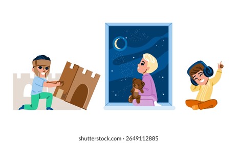 criança maravilha garoto sonhador vetor. curiosidade ambição, aspiração inspiração, inovação descoberta maravilha garoto sonhador personagem. pessoas desenho animado plano ilustração