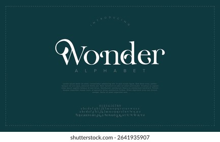 Wonder Luxury wedding alphabet letters font with tails. Typography elegant classic serif fonts and number decorative vintage retro concept for logo branding. vector illustration
