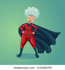 Wonder old lady. Senior adult woman in super hero suit. Healthy lifestyle humor cartoon illustration.