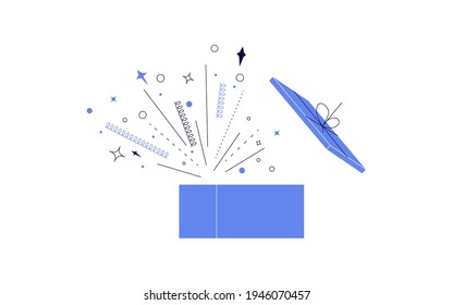 Wonder opened gift with fireworks surprise. Blue gift box for holidays celebration, special give away bonus or loyalty program reward. Design element isolated on white. Flat Art Vector Illustration.