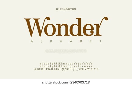 Wonder premium luxury elegant alphabet letters and numbers. Elegant wedding typography classic serif font decorative vintage retro. Creative vector illustration