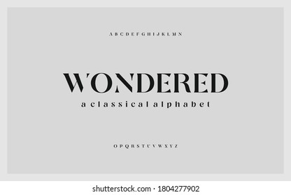 Wondered: Lettering Minimalist Fashion. Elegant alphabet letters serif font and number. Typography fonts regular uppercase, lowercase.