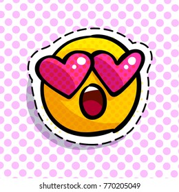 Wondered Smile with love emoticon. Happy smail in pop art style. Vector illustration.