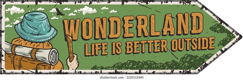 Wonderer or backpack traveler nature explorer man. Outdoor adventres and activities. Camping poster or print