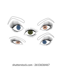 A wonderful abstract woman eyes, long eyelashes, eyebrows  and vector illustration line drawing with different type of  eyes.