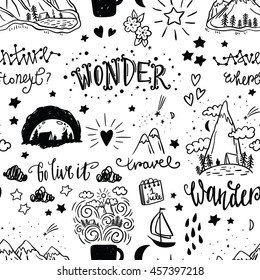 Wonderful adventure pattern. Hand drawn lettering and illustration. Vector art. Travel and adventure concept