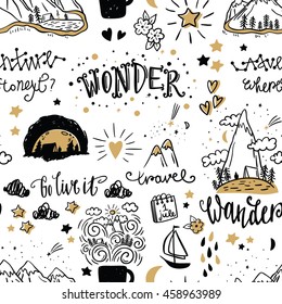 Wonderful Adventure Pattern. Hand Drawn Lettering And Illustration. Vector Art. Travel And Adventure Concept. Adventure Pattern. Adventure And Travel Illustration.