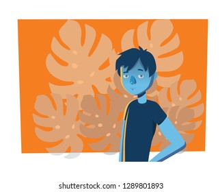 A wonderful art with a guy on the background of tropical plants.