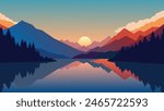 Wonderful autumn sunrise of Hintersee lake. Amazing morning view flat vector illustration nature background