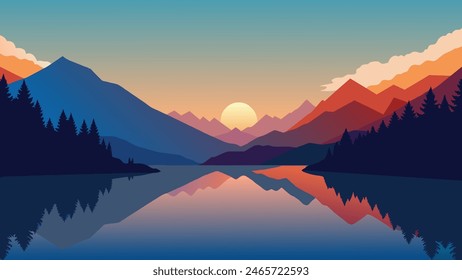 Wonderful autumn sunrise of Hintersee lake. Amazing morning view flat vector illustration nature background