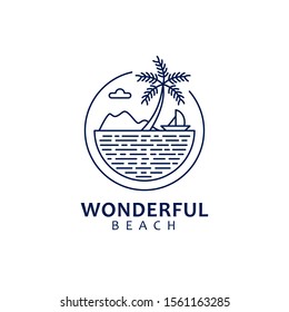 Wonderful beach logo with seascape concept theme for travel agency, landmark, trip, adventure and tourism. Sign symbol with coconut tree, mountain and water shape. Vector illustration.