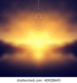 wonderful blurred landscape with transparent geometric patterns and stars, spirit of the sun and flower of life, visionary art, vector