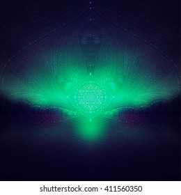 wonderful blurred landscape with transparent geometric patterns and stars, fantastic character in space and flower of life, visionary art, vector