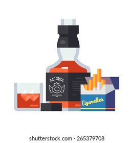 Wonderful bottle of whiskey glass with ice, open a pack of cigarettes. Flat vector illustration