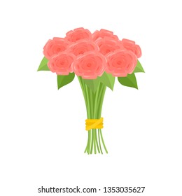 Wonderful bouquet of pink roses tied with yellow ribbon on empty background