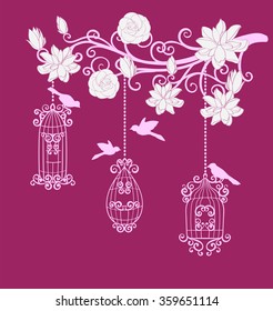 Wonderful branch with blossoming flowers with birds and bird cage