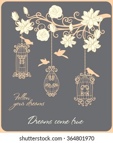 Wonderful branch with blossoming flowers with birds and bird cage