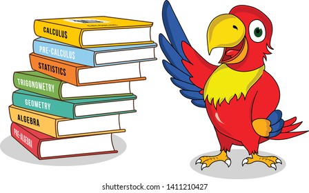 wonderful cartoon character parrot presenting stack of science books