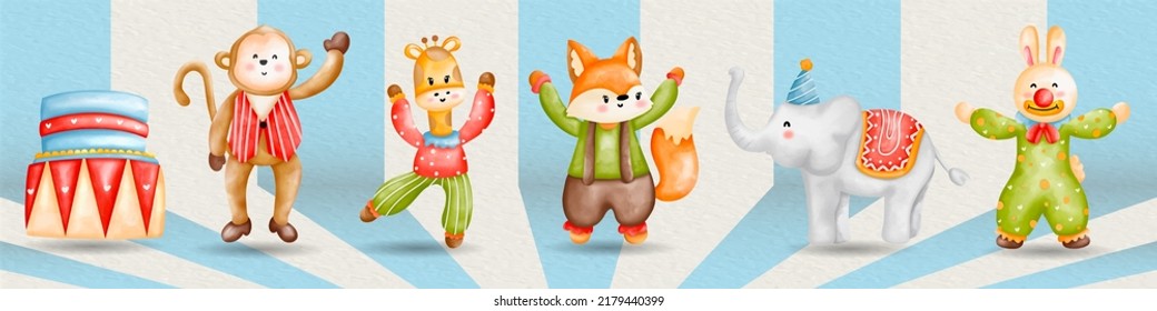 Wonderful Circus watercolor animals illustrations. circus cartoon animals. Watercolor Circus
