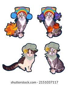 A wonderful collection of badges with fashionable pussycats in beautiful hats isolated on a white background in vector. Symbols of the Chinese year of the cat.
