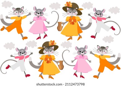 Wonderful collection of cute cartoon cats and mice in dresses and pants. Wonderful prints for children's clothing, for boys and girls. Pattern for bed linen for kids. Fairy tale animal background. 