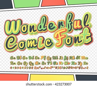 Wonderful colorful high detail comic font on comic book page. Alphabet in style of comics, pop art. Multilayer funny letters, figures for decoration of kids' illustrations, posters, comics, banners - Shutterstock ID 423273007