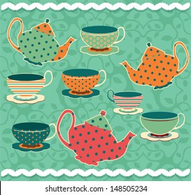 Wonderful colorful pattern with teapots and cups