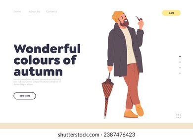 Wonderful colors of autumn landing page template with relaxed hipster man smoking pipe design