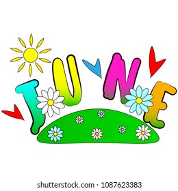 A wonderful concept of the inscription June with various elements on a white background