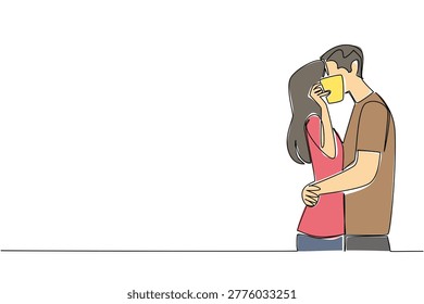 Wonderful continuous line drawing shows a handsome young man and a beauty female woman hiding a kiss behind a coffee mug. A morning romance concept gracefully suits a lovely cafe menu cover.
