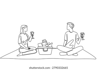 Wonderful continuous line drawing of a young man and woman sitting together on a blanket drinking wine. A romantic dating concept perfectly made for International Picnic Day poster prints.