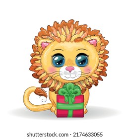 Wonderful cute cartoon lion cub with a gift, candy cane. Isolated illustration