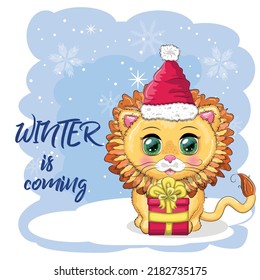 Wonderful cute cartoon lion cub with a gift, candy cane. Isolated illustration