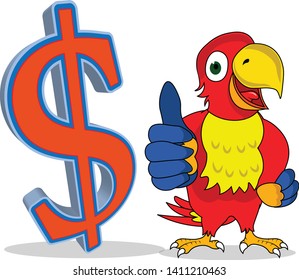 wonderful cute parrot showing thumbs up with a dollar money symbol