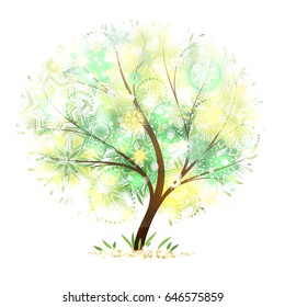 wonderful decorative summer tree with flecks of sunlight and floral mandalas, vector illustration.