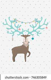 Wonderful deer with the Christmas toys and garland on horns. Vector illustration. Holiday poster in Scandinavian style.